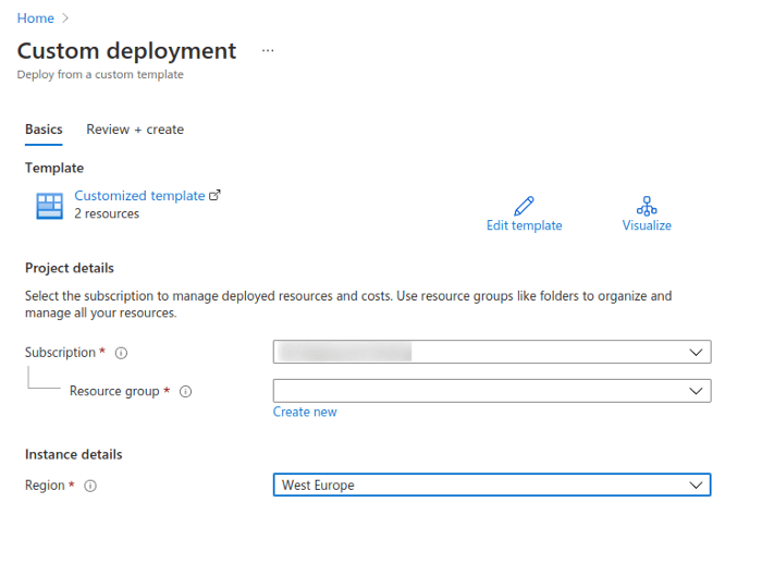 Form in Azure Portal for creating a custom deployment