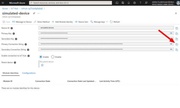 Getting the connection string of an IoT Hub device in the Azure Portal